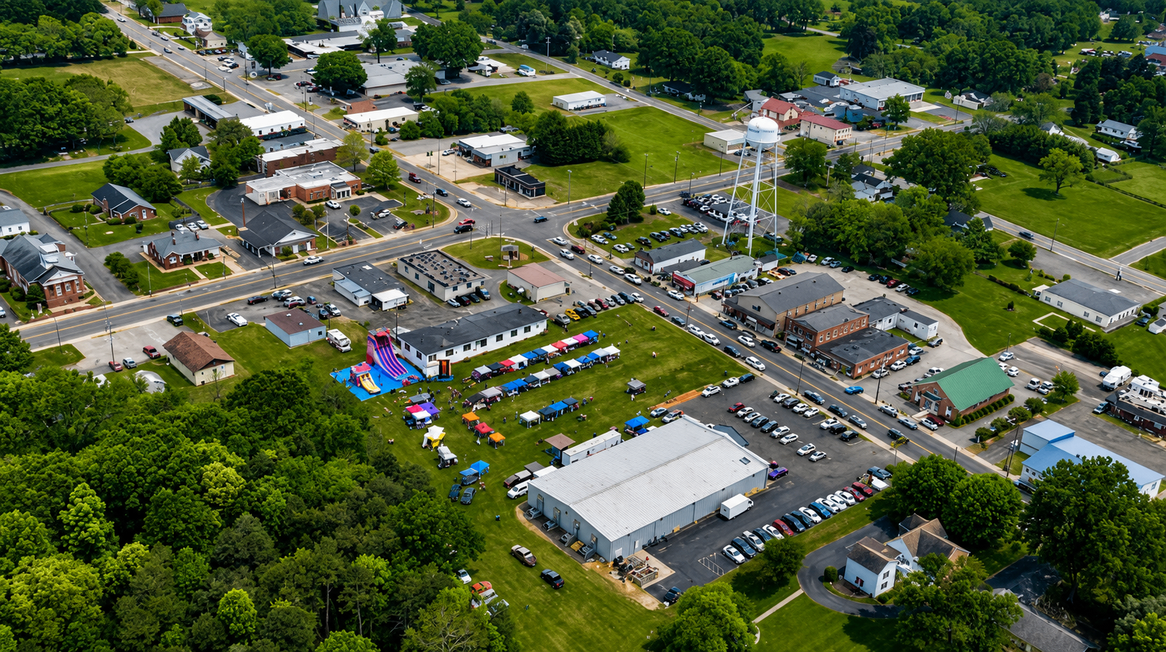Aerial view of a community festival in Boonville with the water tower and downtown in the distance