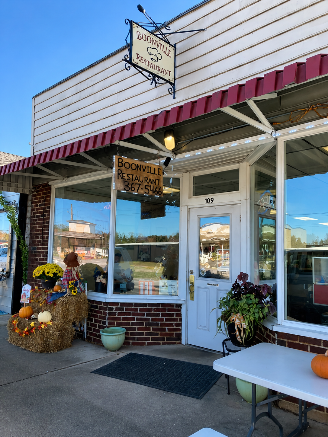 Boonville Restaurant storefront decorated for fall