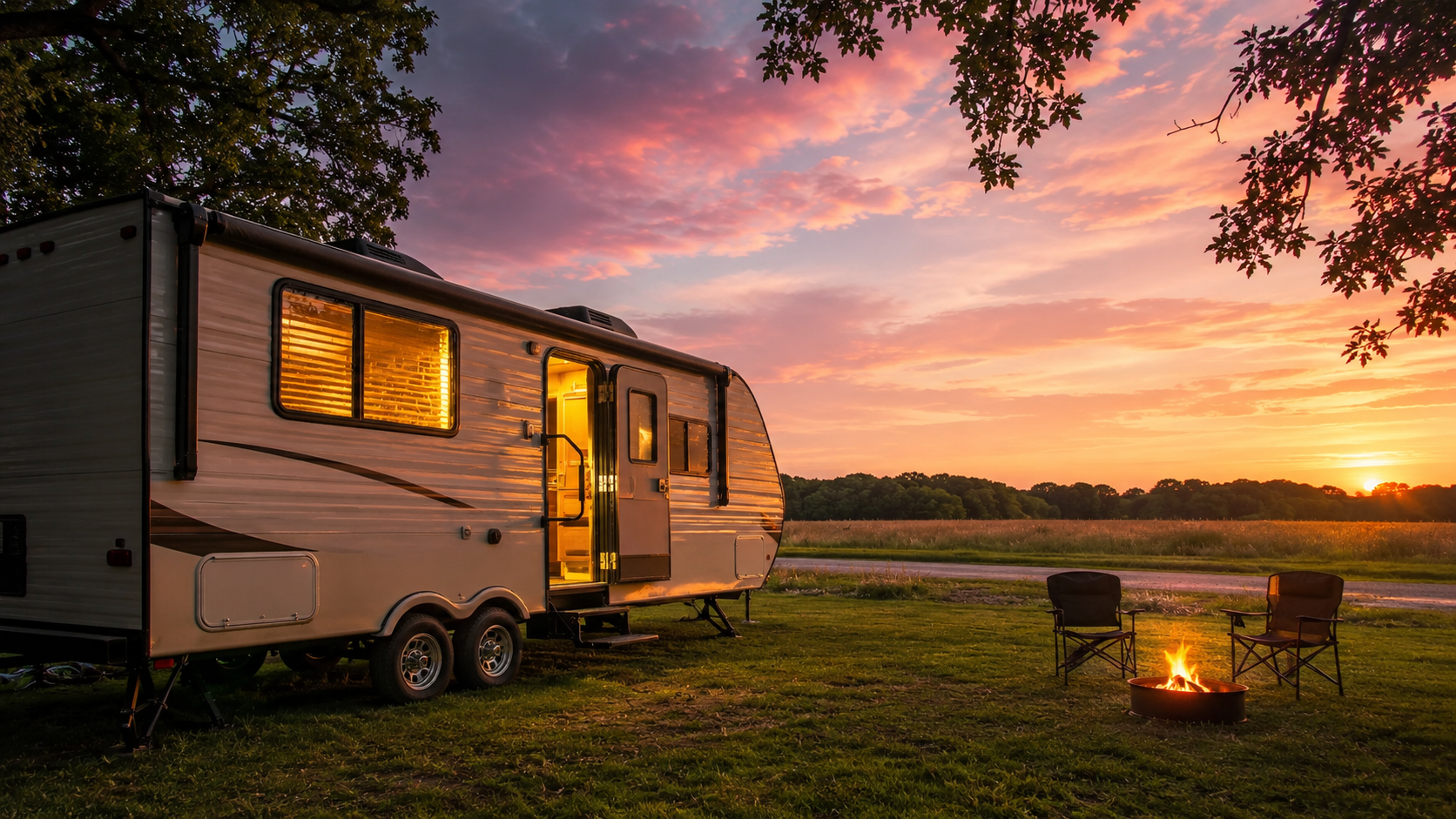 Holly Ridge Family Campground campsite at sunset