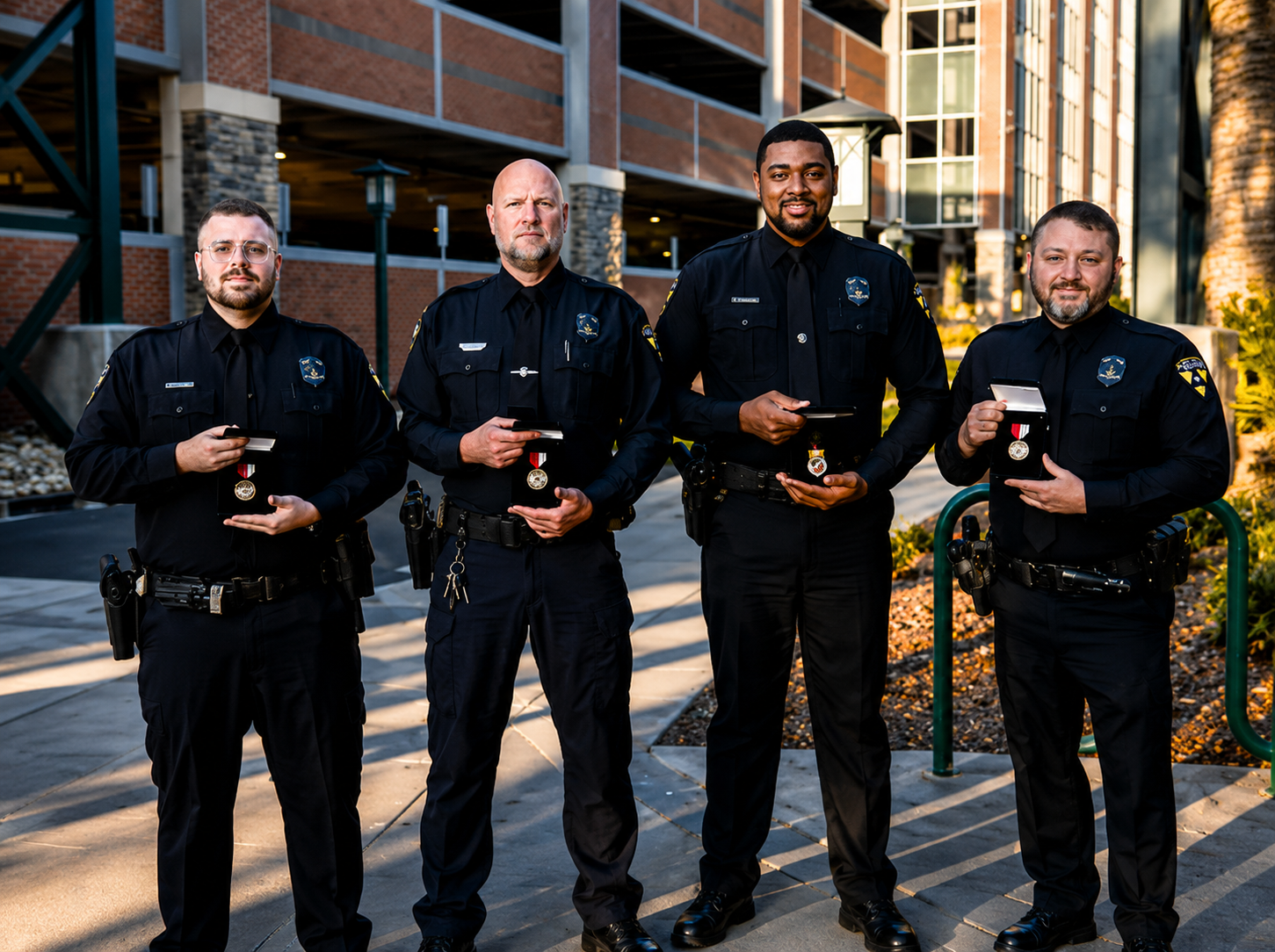 Four Boonville Police officers in uniform standing together with badges and medals