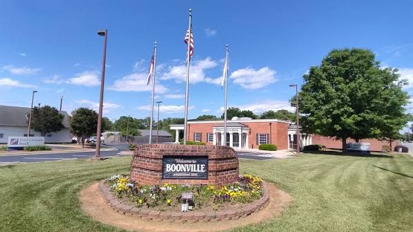 Brick welcome monument at Boonville Town Hall
